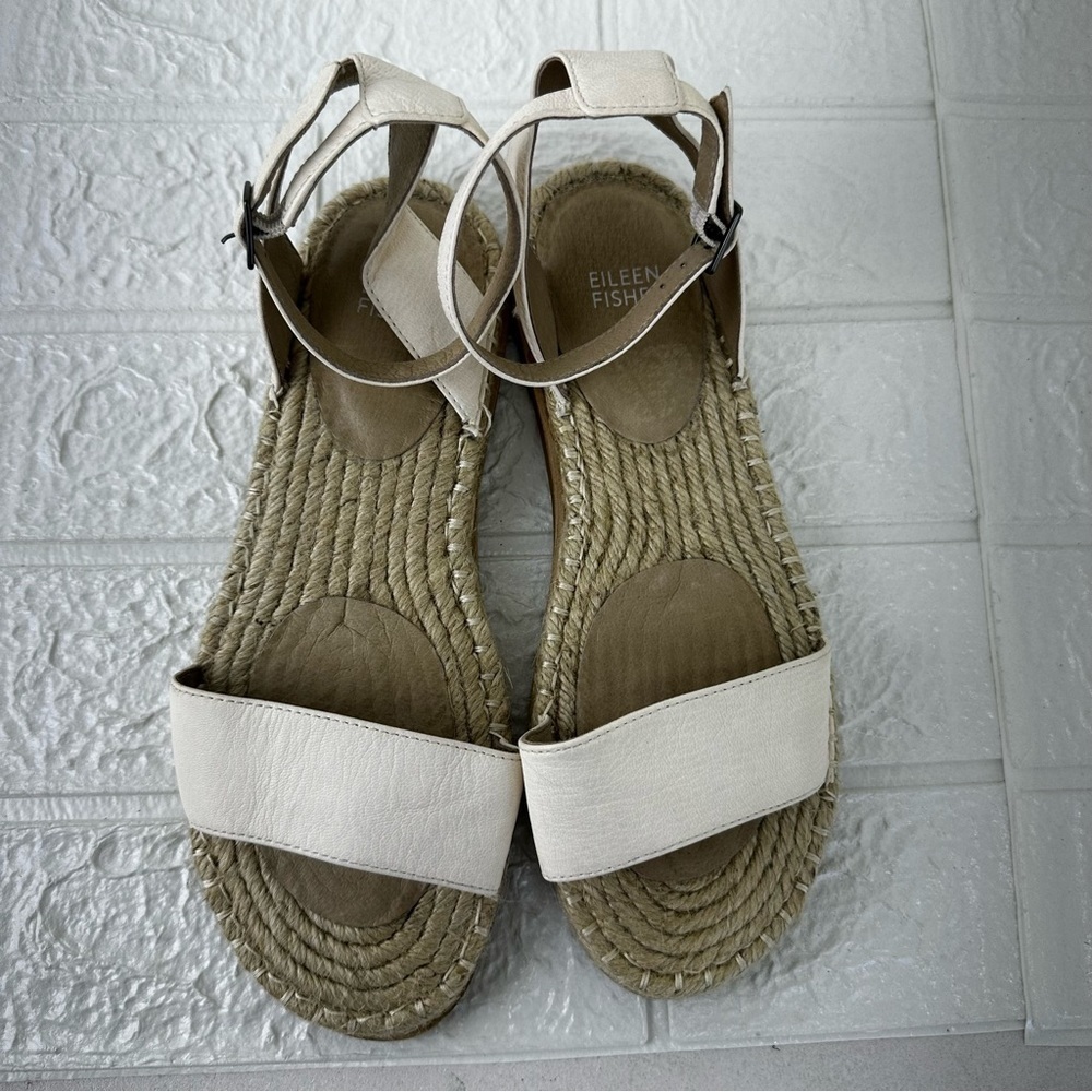 Eileen Fisher Mike creamTumbled Leather Ankle Strap flat Espadrille Sandals 9